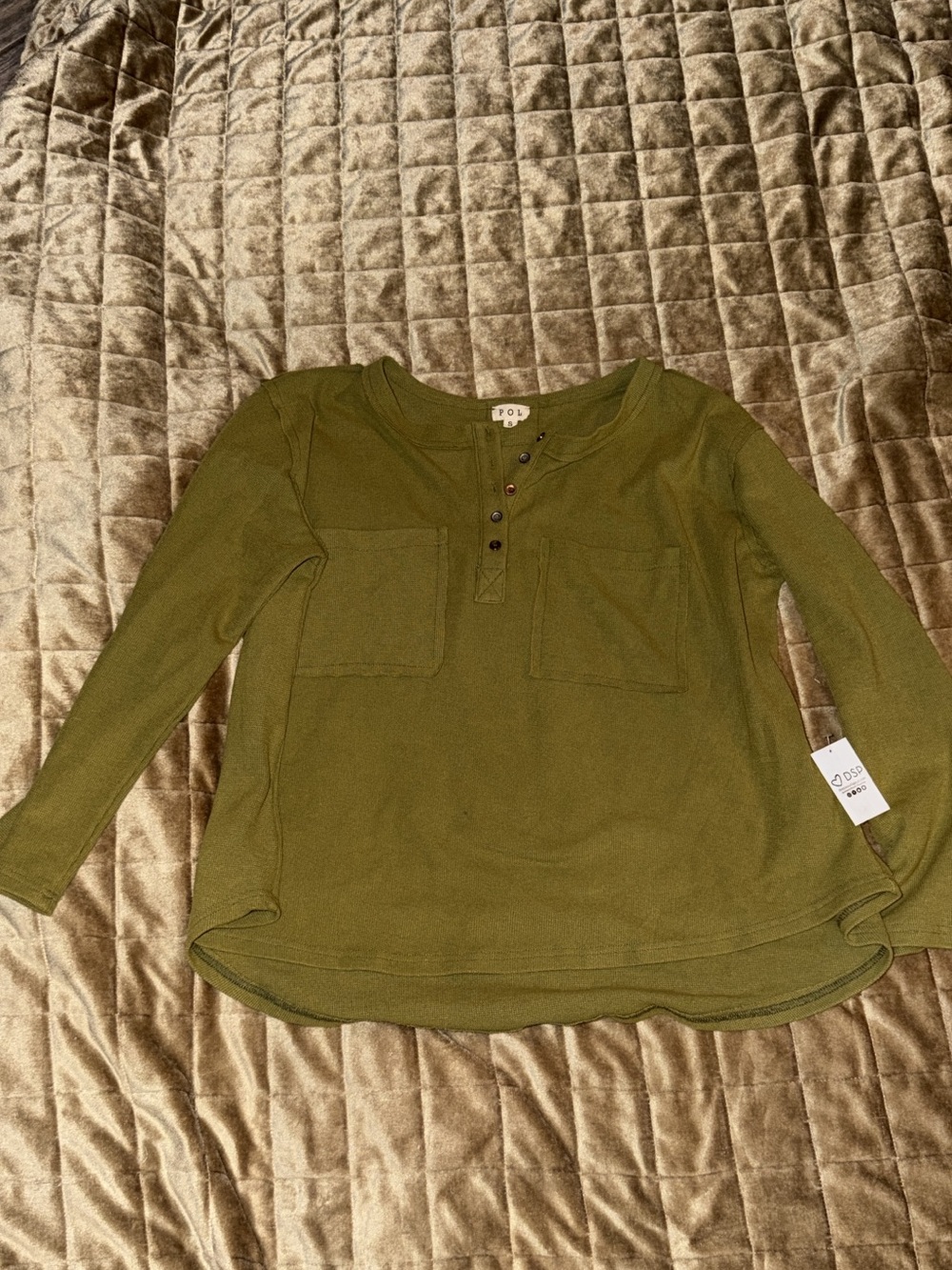 POL Olive Green Long Sleeve Henley Top with Front Patch Pockets Waffle Material